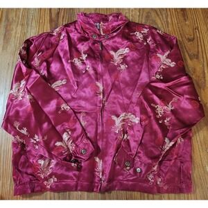 Chicos Asian Red Silk Blend Jacket Sz 3 XL Long Sleeve Vtg Full Zip Button Cuffs